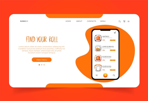 Mobile app template with sashimi menu Landing page template with Asian food Sushi store homepage