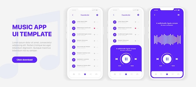 Mobile application interface music player. Sound app UI GUI template. Responsive website wireframes.