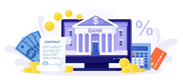 Vector mobile banking and internet payment. online bank agreement. loan contract. financial building on computer screen. banking operation. financial transactions, payments, money transfers and bank account