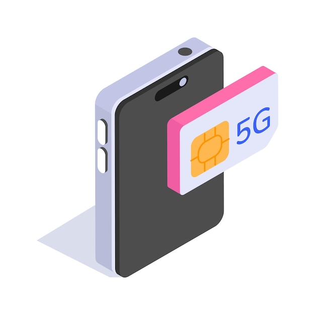 Vector a mobile device with a 5g sim card showing 5g connectivity isometric icon