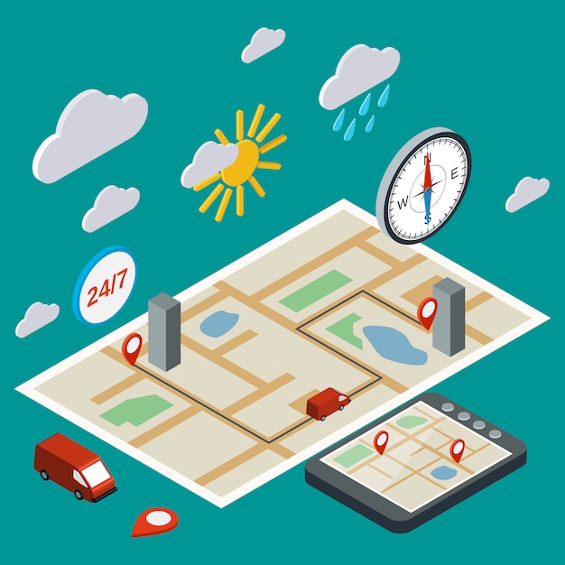 Mobile navigation, transportation, logistics flat 3d isometric illustration. Modern web infographic concept