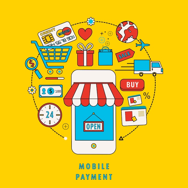 Vector mobile payment concept with related elements in flat line design
