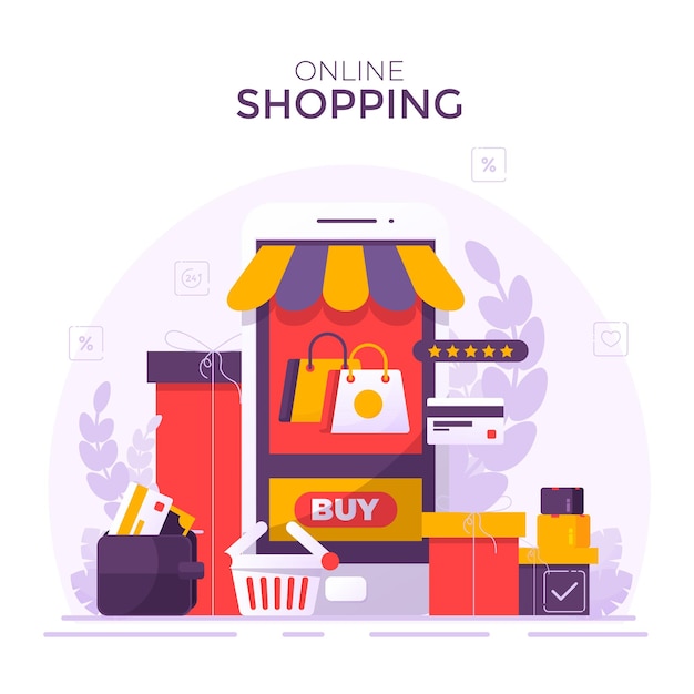 Mobile phone represent of front of shop storeShopping Online on Website or Mobile Application Vector Concept Marketing and Digital marketing Long Background