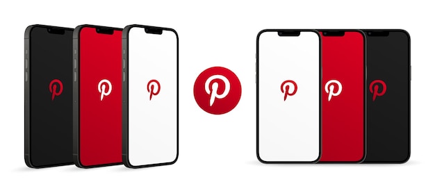 Vector mobile phone screen mockup front and perspective views with pinterest logo isolated on white