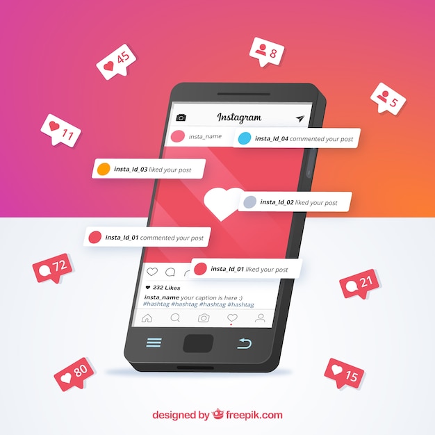 Vector mobile phone with instagram post template and notifications