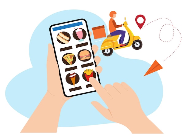 Vector mobile smartphone with food delivery app order food online modern creative data graphic design on the application flat style cartoon illustration vector