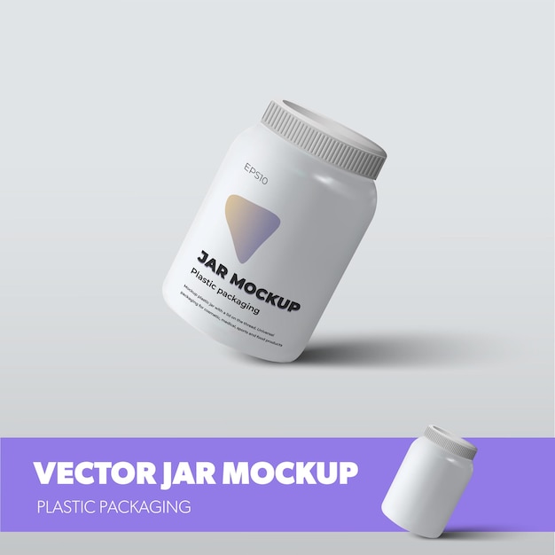 Mockup vector packaging for supplements, vitamin, pills, with screw cap, with realistic shadows, isolated on background. Plastic white jar template with design presentation in purple color