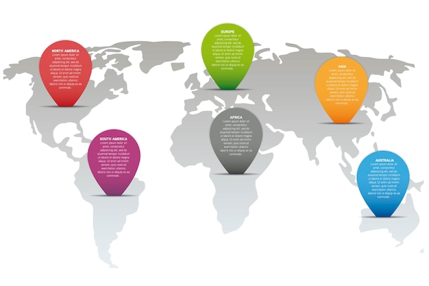 Modern 3d world map infographic template with colorful pointer marks