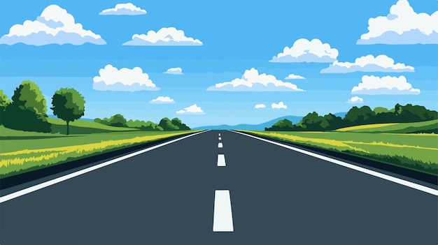 Vector modern abstract vector illustration of straight road with trees and sky