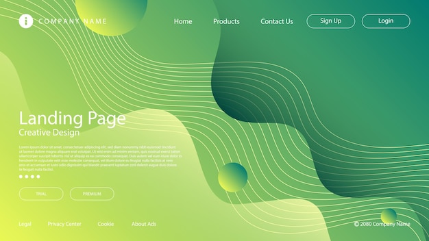 Vector modern abstract website landing page background fluid liquid wave lines and yellow green gradient