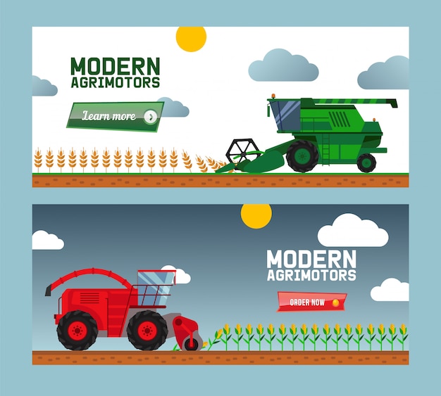 Modern agricultural machine harvest crop, combine, truck, flat   illustration. Online business, order now, buy farmer machine.