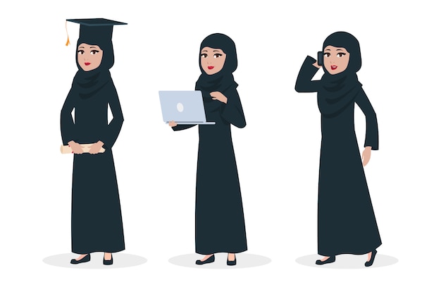 Modern arab woman  character. Muslim woman graduate and business lady illustration