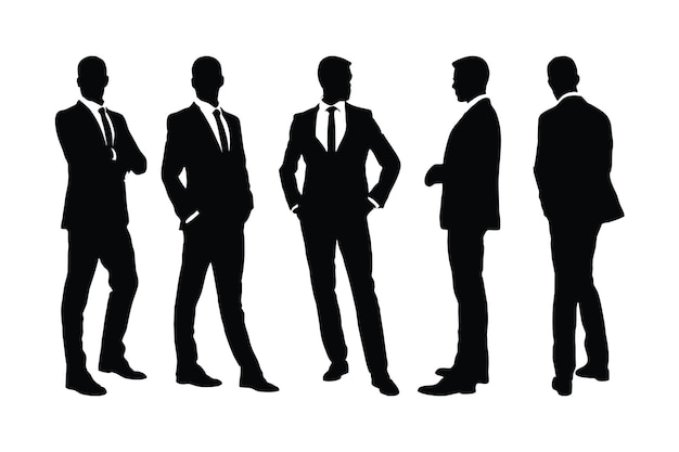 Modern businessman silhouette bundle standing in different positions Male employees wearing official dresses and standing Anonymous male model silhouette collection on a white background