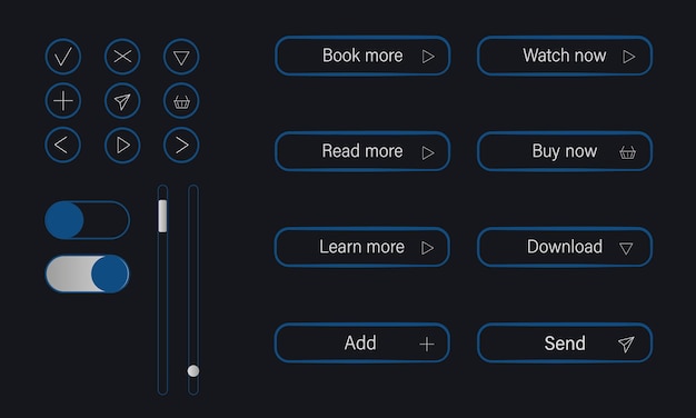 Modern buttons set UIUX design. Buy, watch, learn, download, send, add and read more in blue color.