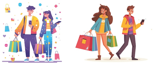 Vector modern cartoon illustration of a sweaty sweaty man with paper packages a stylish girl with a smartphone retail business and mall discounts