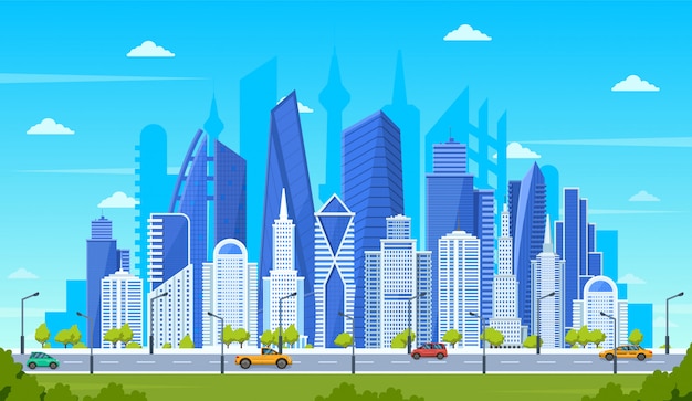 Vector modern city concept. office buildings with street road traffic, urban downtown cityscape, city street panoramic view  illustration. cityscape street, panoramic building set city
