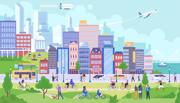Vector modern city panorama flat vector illustration. happy citizens cartoon characters. smiling people rest in public park. happy urban life, different activities, leisure. buildings and transportation