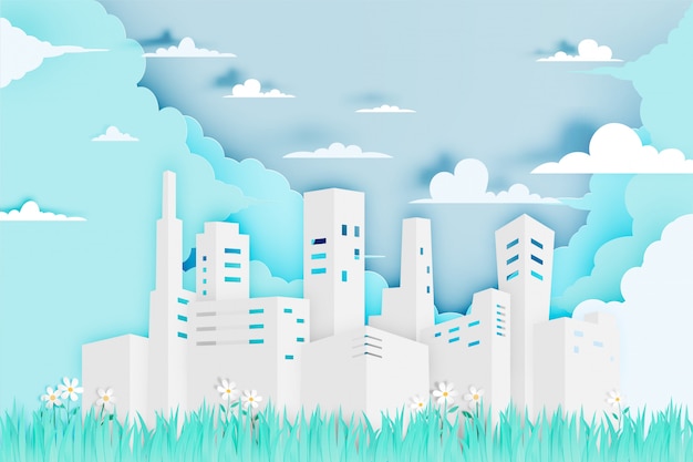 Modern city in paper art style with flower field vector illustration