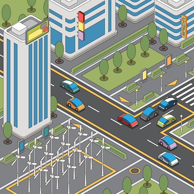 modern city view with moving cars, wind generators and tall buildings illustration