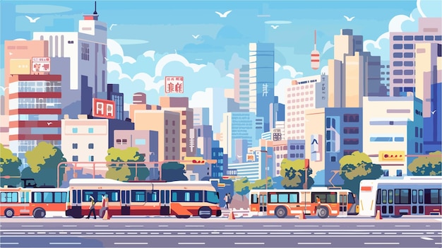 Vector modern cityscape with bustling streets and public transportation