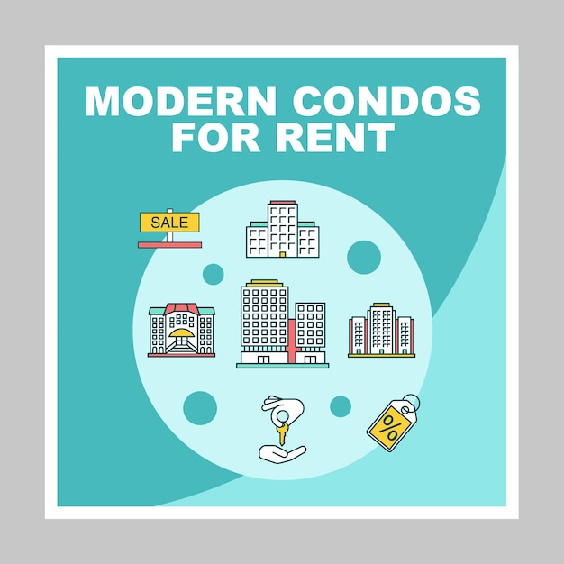 Vector modern condos for rent social media posts mockup. realty. advertising web banner design template. social media booster, content layout. isolated promotion border, frame with headlines, linear icons