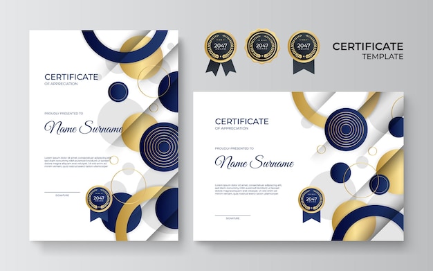 Modern elegant blue and gold business certificate template. Certificate template with luxury pattern. Vector illustration with premium badges design, vintage badges and labels.