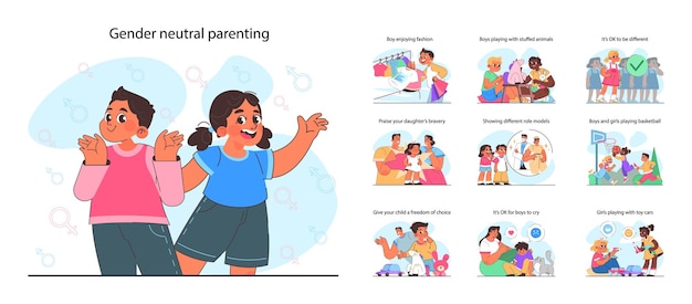 Vector modern gender neutral parenting set positive advice for parents