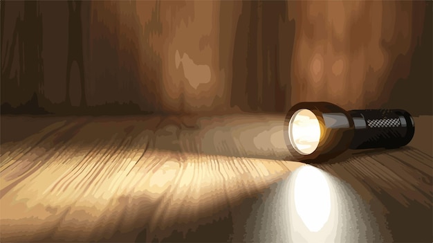 Vector modern glowing flashlight on wooden table with vector style