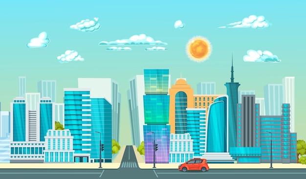 Vector modern highrise city skyscrapers on background the cloudy sky office city apartment buildings house residential towers city business architecture business residential buildings cartoon vector