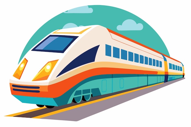 Vector modern highspeed train on tracks with a green and cloudy background