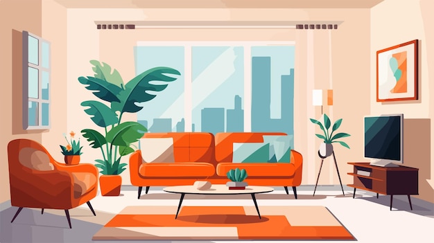 Vector modern living room interior cartoon illustration