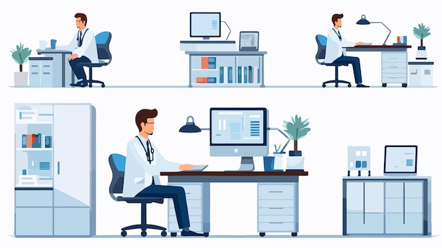 Vector modern professional doctor office with computer setup