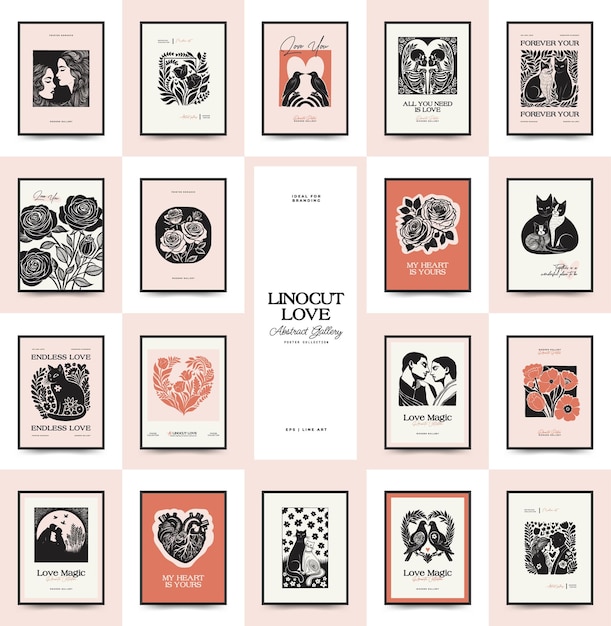 Modern Romantic vertical flyer or poster template Love hand drawn trendy illustration