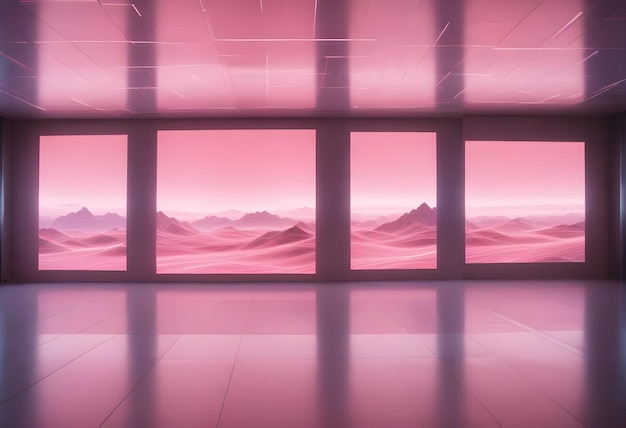 A modern room with large windows showcasing a pink desert landscape with a pink glow creating a surreal and futuristic atmosphere