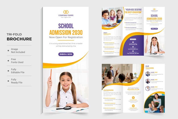 Modern school admission and daily activities promotional template with photo placeholders Academic trifold brochure design with creative shapes and info sections Education brochure layout vector