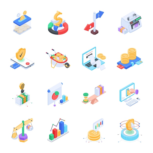 Vector modern set of cryptocurrency analysis isometric icons