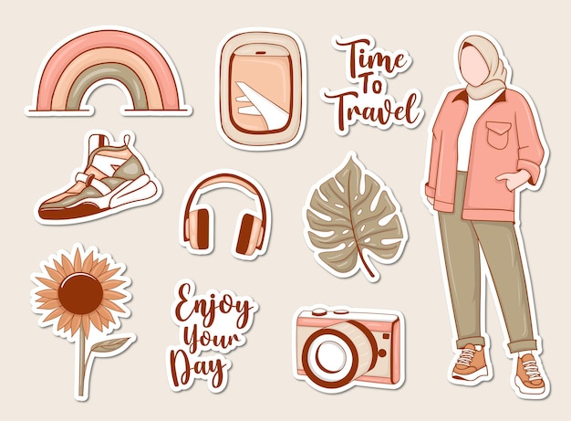 Modern Travel Stickers Set with muslim girl and some elements