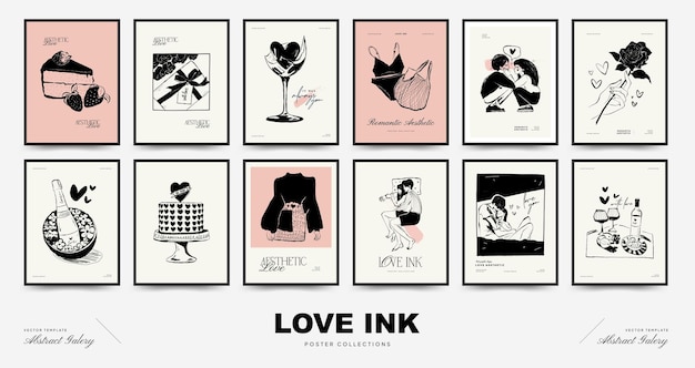 Modern Valentine's day vertical flyer or poster template set Love hand drawn trendy illustration