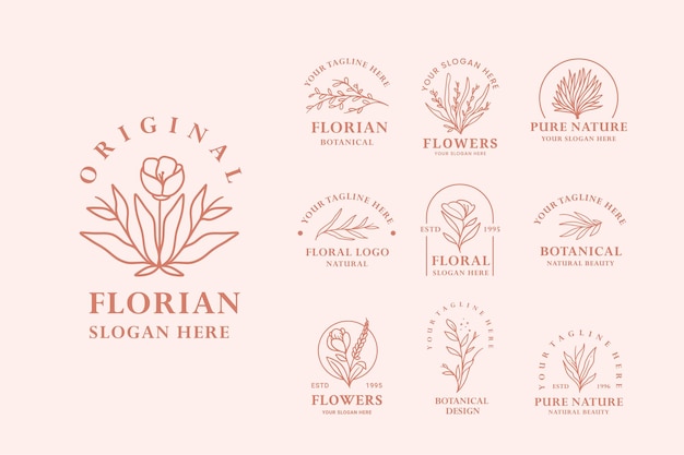 Vector modern vintage pink hand drawn floral botanical logo illustration design set for beauty brand