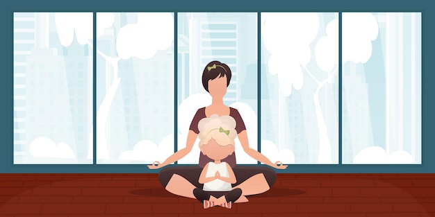 Mom and daughter do yoga together Design in cartoon style Vector