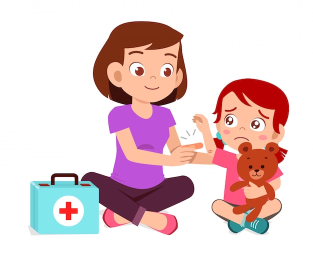 Mom help first aid to little kid girl