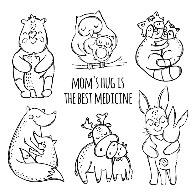 Vector moms hugging their babies. cute animals  monochrome hand drawn clip art