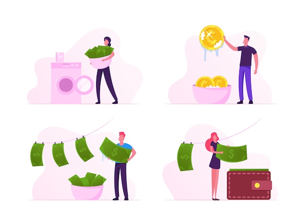 Money Laundering Set. Cartoon Flat Illustration