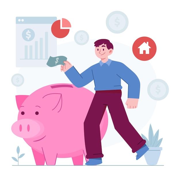 Money saving concept vector Illustration idea financial wealth money saving with budget piggy bank