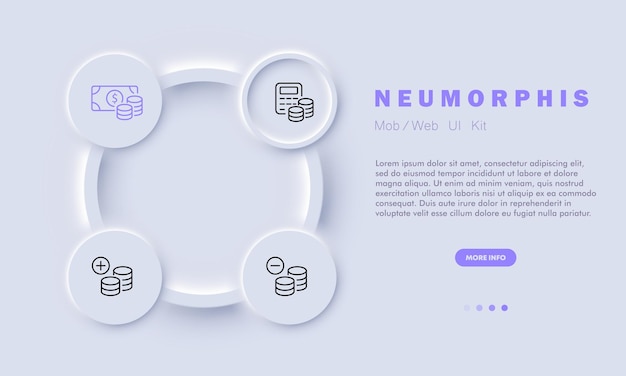 Money set icon Banknote coins salary calculator income loss growth dollar payment Purchase concept Neomorphism style Vector line icon for Business and Advertising