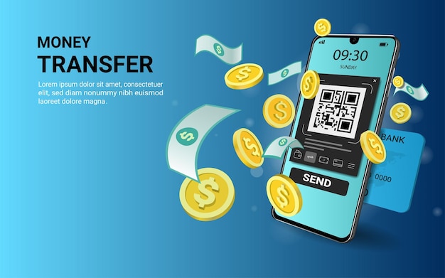 Money transfer on mobile phone application for financial transaction Money online ATM Financial savings business finance Capital flow concept for website banner 3D Perspective Vector illustration