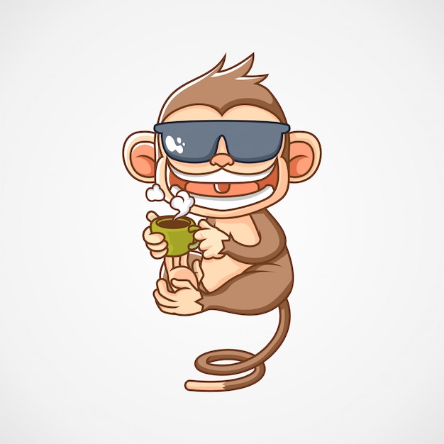 Vector monkey drink a cup of coffee mascot logo illustration 