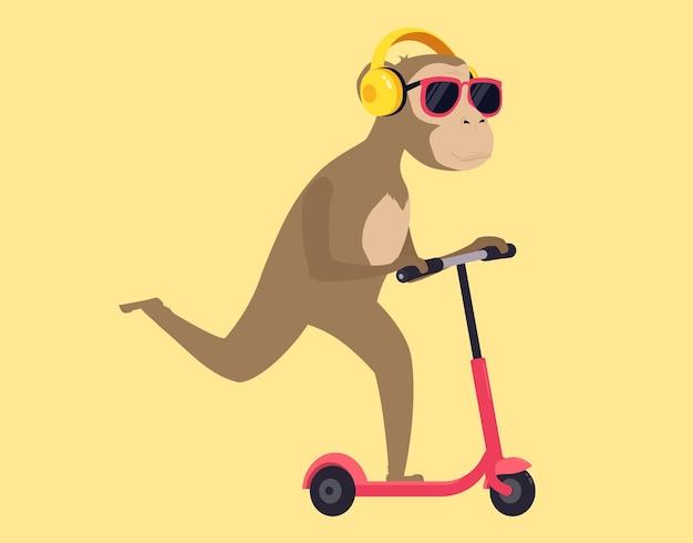 Monkey rides scooter in glasses and headphones while listening to music