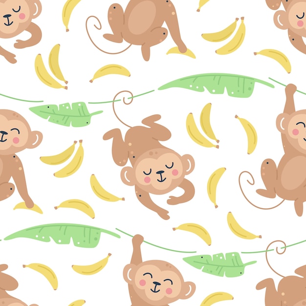 Monkeys with bananas and leaves seamless pattern