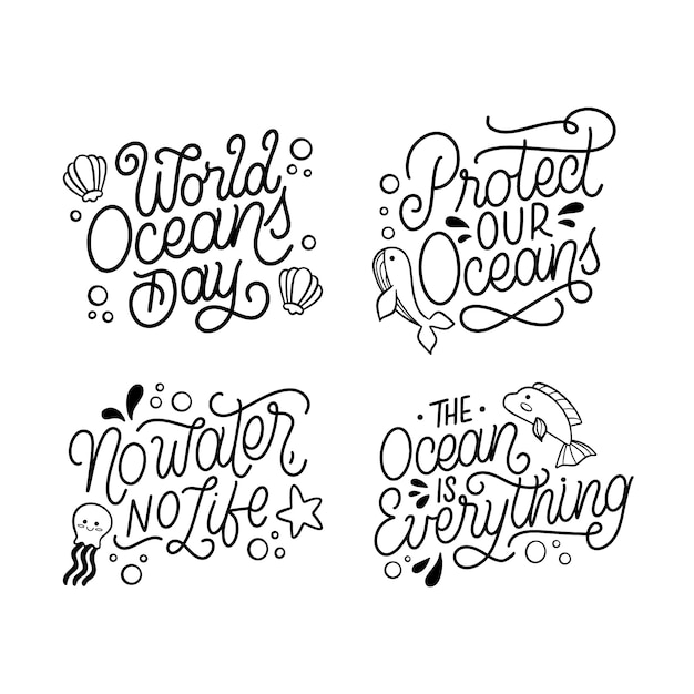 Vector monochrome lettering world oceans day stickers collection